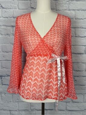 Esprit Coral and White Chevron Wrap Blouse 100% Silk